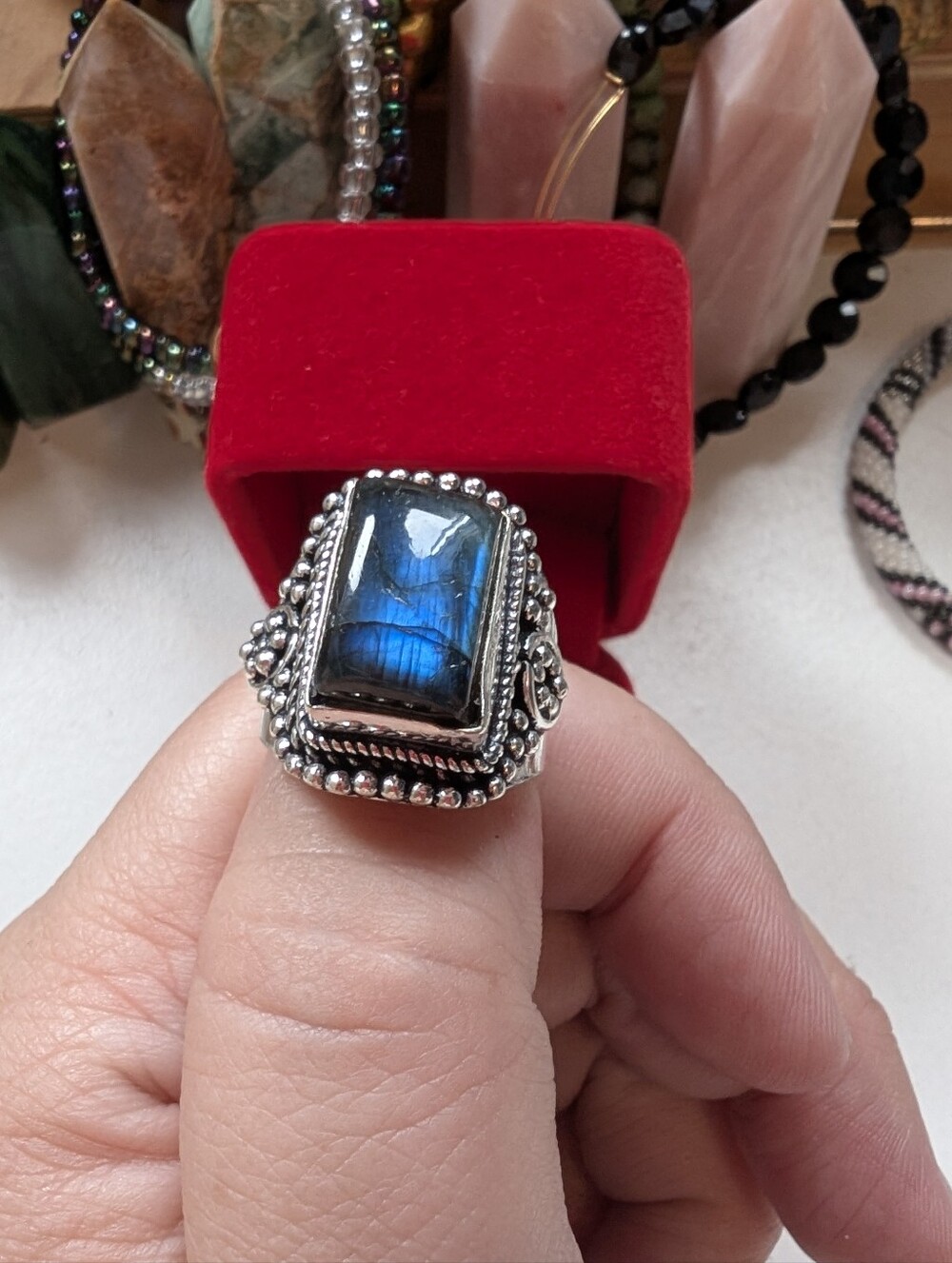 Vintage Sterling Silver Blue Flash Labradorite Statement Ring in Blue Size 8